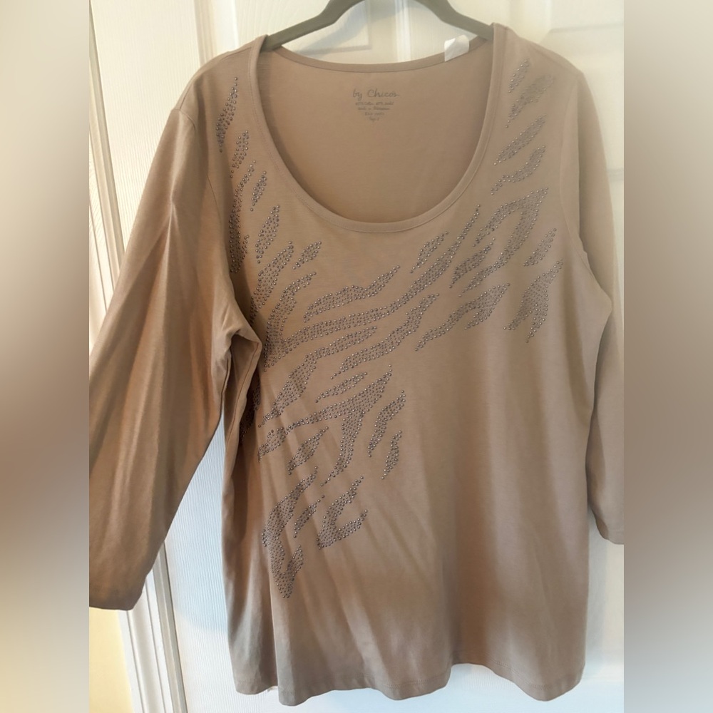 By Chico's Beige 3/4 Sleeve Tan Top with Embellishments